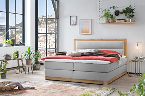 Belanoti Age Boxspringbett 160x200 Eiche 7-Zonen Taschenfederkern Matratze inkl Visco Topper Bett 160x200 in der Farbe Hellgrau H2/H3 Polsterbett Hotelbett mit Massivholz Eiche Massivholzbett von Belanoti