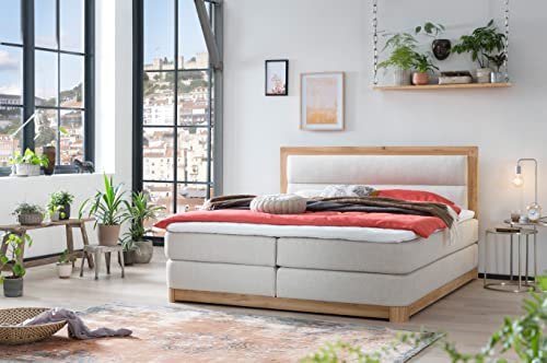 Belanoti Age Boxspringbett 180x200 Eiche 7-Zonen Taschenfederkern Matratze inkl Visco Topper Bett 180x200 in der Farbe Beige H2/H3 Polsterbett Hotelbett mit Massivholz Eiche Massivholzbett von Belanoti