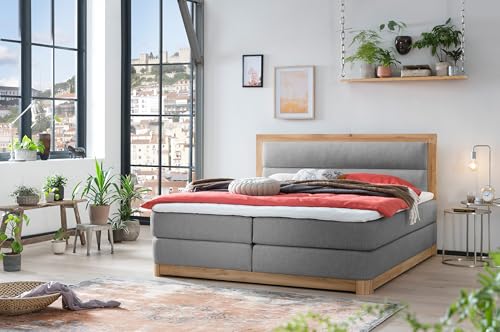 Belanoti Age Boxspringbett 180x200 Eiche 7-Zonen Taschenfederkern Matratze inkl Visco Topper Bett 180x200 in der Farbe Grau H2/H3 Polsterbett Hotelbett mit Massivholz Eiche Massivholzbett von Belanoti