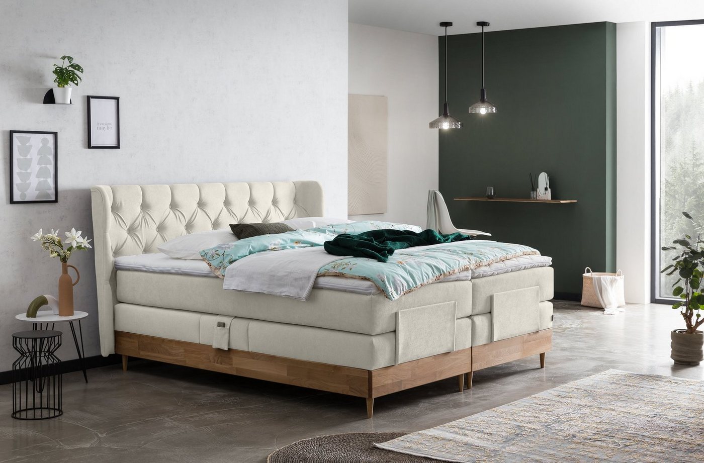 Belanoti Boxspringbett EON (Boxspringbett 160x200 elektrisch verstellbar Bett 160x200 mit Motor, 7-Zonen Taschenfederkern Matratze inklusive Visco Topper), in der Farbe Beige H2/H3 Polsterbett Motorbett mit Eiche von Belanoti