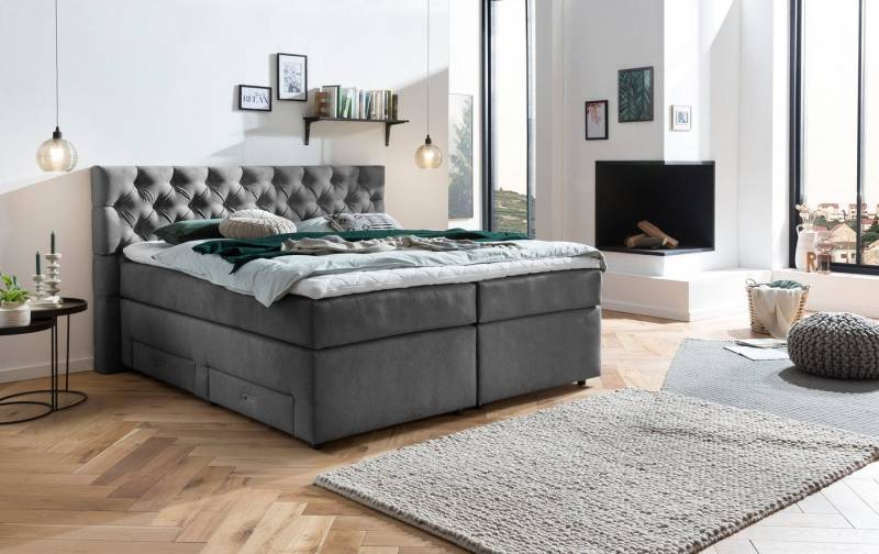 Belanoti Boxspringbett Lara (Boxspringbett 160x200 mit vier Schubladen Stauraum, 7-Zonen Taschenfederkern Matratze inklusive Visco Topper), Bett 160x200 mit Bettkasten in der Farbe Dunkelgrau H2/H3 Polsterbett von Belanoti