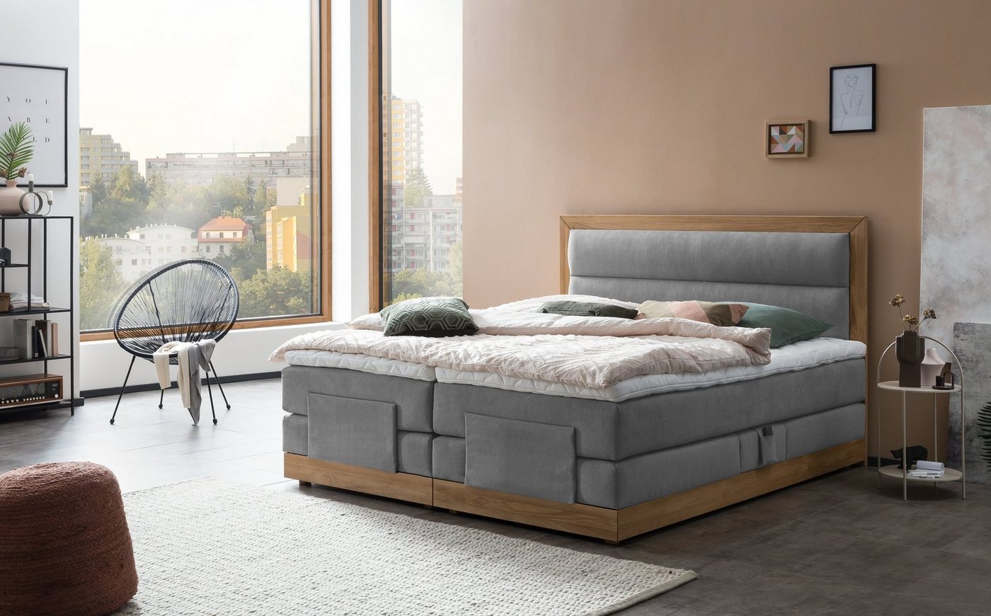 Belanoti Boxspringbett MODELA (Boxspringbett 160x200 elektrisch verstellbar Bett 160x200 mit Motor, 7-Zonen Taschenfederkern Matratze inklusive Visco Topper), in der Farbe Hellgrau H2/H3 Polsterbett Motorbett mit Eiche von Belanoti