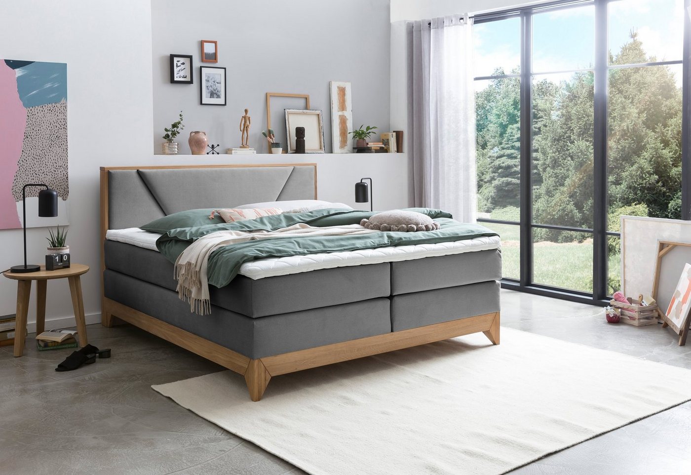 Belanoti Boxspringbett Riviera (Boxspringbett 180x200 Eiche 7-Zonen Taschenfederkern Matratze inkl, Visco Topper Bett 180x200 in der Farbe Anthrazit H2/H3 Polsterbett), Hotelbett mit Massivholz Eiche Massivholzbett von Belanoti