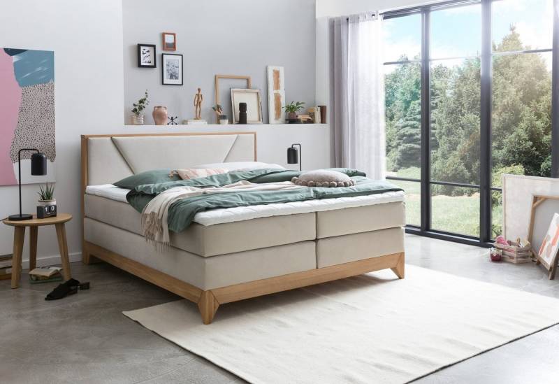 Belanoti Boxspringbett Riviera (Boxspringbett 180x200 Eiche 7-Zonen Taschenfederkern Matratze inkl, Visco Topper Bett 180x200 in der Farbe Beige H2/H3 Polsterbett), Hotelbett mit Massivholz Eiche Massivholzbett von Belanoti