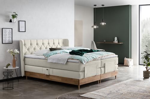 Belanoti EON Boxspringbett 180x200 elektrisch verstellbar 7-Zonen Taschenfederkern Matratze inkl Visco Topper Bett 180x200 mit Motor in der Farbe Beige H2/H3 Polsterbett Motorbett Massivholz Eiche von Belanoti