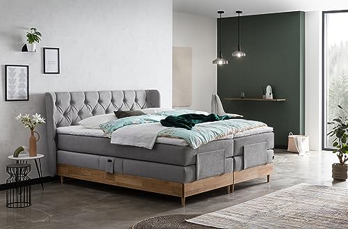 Belanoti EON Boxspringbett 180x200 elektrisch verstellbar 7-Zonen Taschenfederkern Matratze inkl Visco Topper Bett 180x200 mit Motor in der Farbe Hellgrau H2/H3 Polsterbett Motorbett mit Massivholz von Belanoti