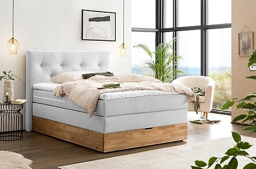 Belanoti MARBO Boxspringbett 140x200 mit Bettkasten 7-Zonen Taschenfederkern Matratze inklusive Visco Topper Bett 140x200 Eiche in der Farbe Weissgrau H2/H3 Polsterbett mit Massivholz Eiche von Belanoti