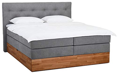 Belanoti MARBO Boxspringbett 180x200 mit Bettkasten 7-Zonen Taschenfederkern Matratze inklusive Visco Topper Bett 180x200 Eiche in der Farbe Hellgrau H2/H3 Polsterbett mit Massivholz Eiche von Belanoti