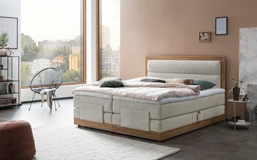 Belanoti MODELA Boxspringbett 160x200 elektrisch verstellbar 7-Zonen Taschenfederkern Matratze inkl Visco Topper Bett 160x200 mit Motor Farbe Beige H2/H3 Polsterbett Motorbett Massivholz Eiche von Belanoti