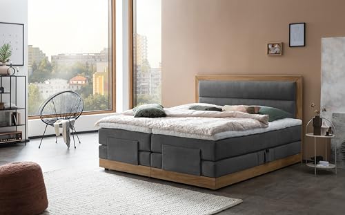 Belanoti MODELA Boxspringbett 180x200 elektrisch verstellbar 7-Zonen Taschenfederkern Matratze inkl Visco Topper Bett 180x200 mit Motor Farbe Anthrazit H2/H3 Polsterbett Motorbett Massivholz Eiche von Belanoti