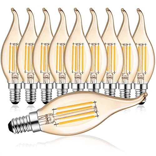 Belaufe E14 Kerzen LED Lampe Dimmbar für Kronleuchter, C35 LED Filament Fadenlampe, 4W LED Birne Ersetzt 30 Watt, 350 Lumen, Warmweiß 2700K,Amber Glas, 10 Stück von Belaufe