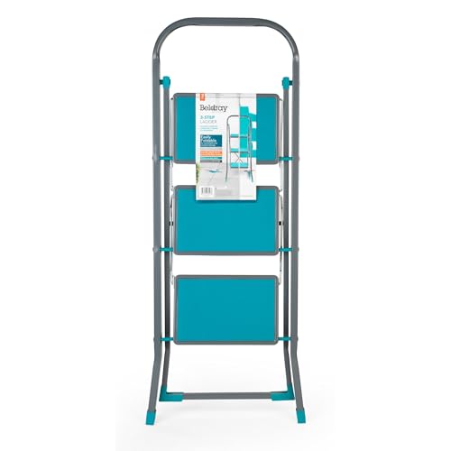 Beldray LA024510TQFEU7 3 Stufen Leiter - Klappbar/kompakt 105cm hohe Tritthocker, 150kg max Trittleiter mit Handläuf, rutschfeste Stehleiter, Leicht für außen/innen Reinigung, Dekorieren, Lackieren von Beldray
