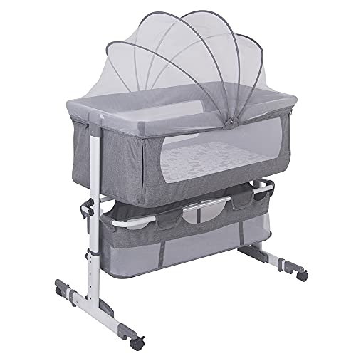 Belfoyer 3 in 1 Wiege Cododo mit Matratze und Moskitonetz, Reisebett, tragbares Babybett mit Rollen, Wiege für Babys mit 4 Höhenstufen, Grau von Belfoyer