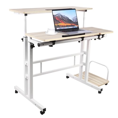 Belfoyer Höhenverstellbarer Schreibtisch,Computertisch,Bürotisch,Gaming Tisch,180 Drehbaren Tischplatte,klappschreibtisch mit Rollen,PC Tisch für Büro, Heimbüro (102x60x67-115cm Weißahorn) von Belfoyer