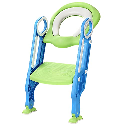 Belfoyer Töpfchen Toilettensitz Baby mit Treppe: Kinder WC Sitz Toilette Toilettentrainer für Kleinkinder Jungen und Mädchen - Klappbar Reise-Badezimmersitz mit Spritzschutz Griffe (blau grün) von Belfoyer