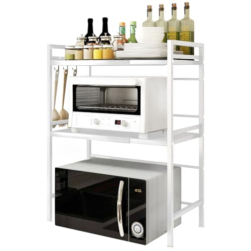 Belfoyer Verstellbares Mikrowellenregal, Mikrowellenhalter aus Kohlenstoffstahl, 2-Stufig Erweiterbares Küchen Mikrowelle Ständer Regal,mit 6 Haken, Küchenorganizer von Belfoyer
