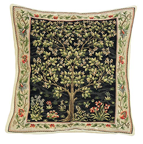 BelgianTapestries edle Kissenhülle, Zierkissenhülle 45 X 45 cm, W. Morris Tree of Life, Gobelin Cushion (schwarz) von BelgianTapestries