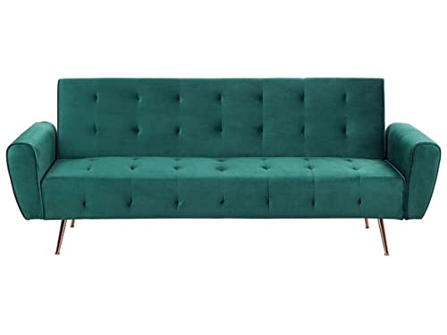 3-Sitzer Schlafsofa Samt grün gesteppt mit hohen Metallfüßen kupfer Selnes von Beliani