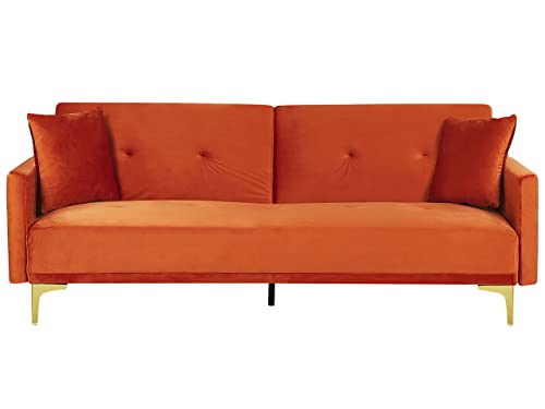 3-Sitzer Schlafsofa Samt orange gesteppt mit Metallbeinen gold 2 Kissen Lucan von Beliani