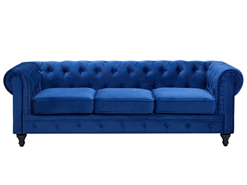 3-Sitzer Sofa Samt blau dicke Sitzkissen Armlehnen Knopfheftung Chesterfield von Beliani