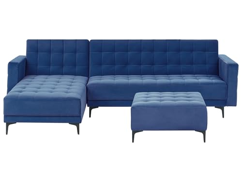 Beliani 4-Sitzer Eckschlafsofa L-förmig rechts Samt blau mit Ottomane Aberdeen von Beliani