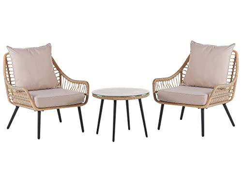 Balkonset 3-teilig Rattan natürlich 2 Stühle Couchtisch Auflagen beige Laureto von Beliani