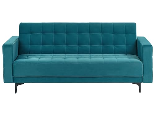 Beliani 3-Sitzer Schlafsofa Samt See blau gesteppt Metallgestell schwarz Aberdeen von Beliani