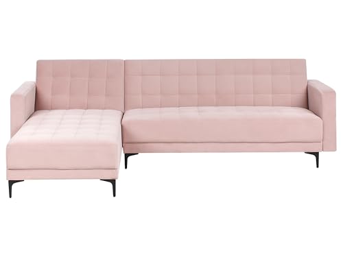 Beliani 4-Sitzer Eckschlafsofa L-förmig rechts Samt Pastell rosa gesteppt Aberdeen von Beliani