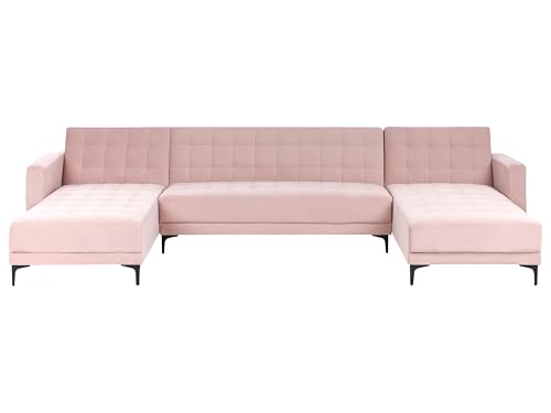 Beliani 5-Sitzer Schlafsofa U-förmig Samt Pastell rosa gesteppt mit Armlehnen Aberdeen von Beliani