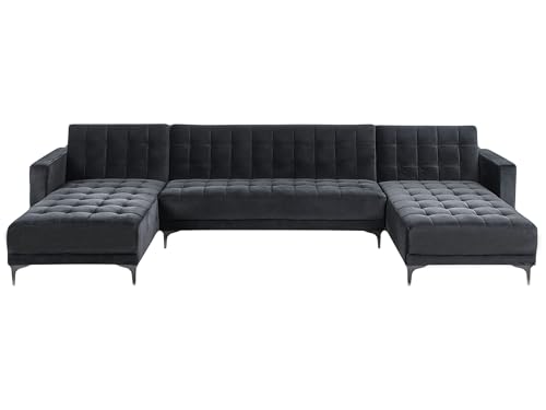 Beliani 5-Sitzer Schlafsofa U-förmig Samt schwarz gesteppt mit Armlehnen modern Aberdeen von Beliani
