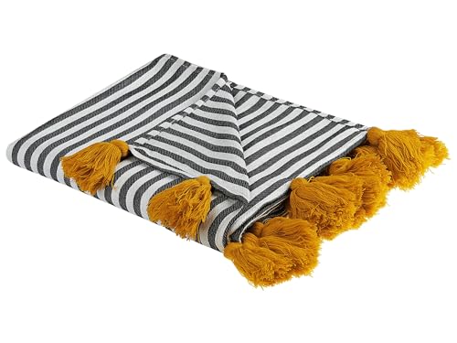 Beliani Decke Streifen schwarz/weiß mit orangen Fransen 130 x 170 cm Sunwal von Beliani
