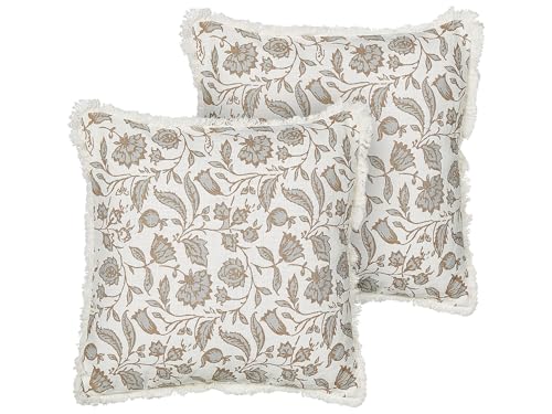 Beliani Dekokissen 2er Set Baumwolle weiß/grau 45 x 45 cm Blumenmuster Fransen Livistona Beliani Dekokissen 2er Set Baumwolle weiß/grau 45 x 45 cm Blumenmuster Fransen Livistona von Beliani