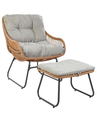 Beliani Gartensessel mit Fußhocker Polyrattan natürlich Auflagen Kissen grau Mestre Beliani Gartensessel mit Fußhocker Polyrattan natürlich Auflagen Kissen grau Mestre von Beliani
