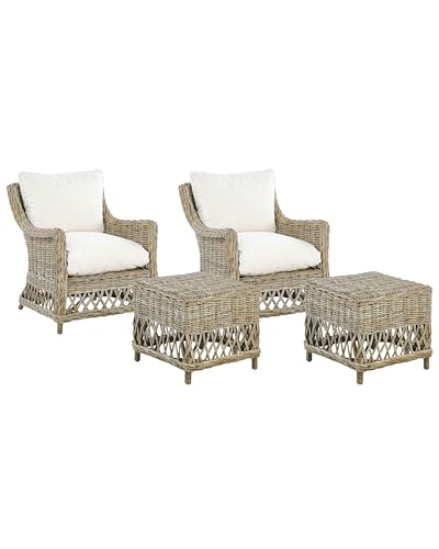 Beliani Gartensessel mit Hocker Rattan natürlich 2er Set Auflagen cremeweiß Boho Ribolla von Beliani