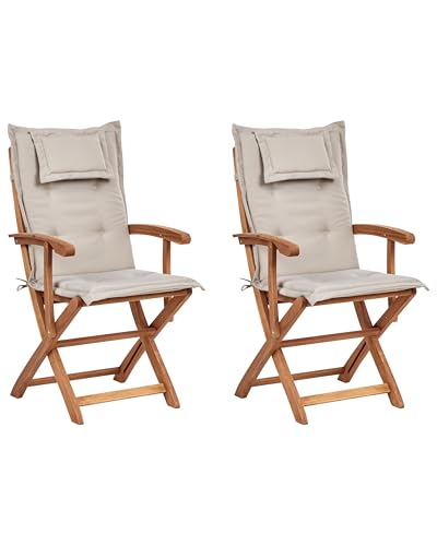 Beliani Gartenstuhl 2er Set Akazienholz Heller Holzfarbton klappbar mit Auflagen Maui II von Beliani