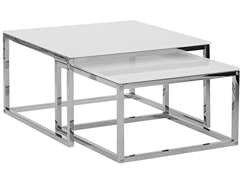Beliani Quadratisch, minimalistisch und modern: Couchtisch 2er Set in Weiß mit polierten Metallbeinen und Silber Glastischplatte Brea von Beliani