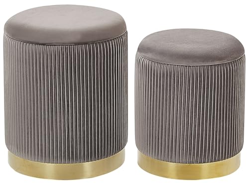 Beliani Runder Pouf im 2er Set aus Samt grau Ottoman Sitzpouf Rillen-Optik Miramar von Beliani