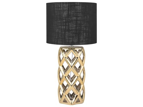 Tischlampe Keramik geometrisch gold mit Stoffschirm Trommelform schwarz Sejla von Beliani