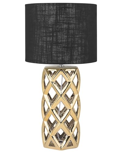 Tischlampe Keramik geometrisch gold mit Stoffschirm Trommelform schwarz Sejla von Beliani