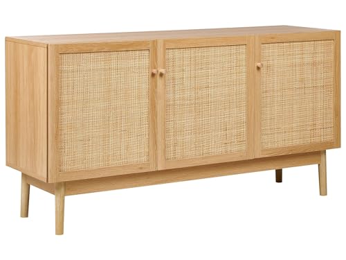 Beliani Sideboard 3 Türen aus Kiefernholz mit Rattanfront im Boho-Stil Schrank aus hellem Holz Nivo von Beliani