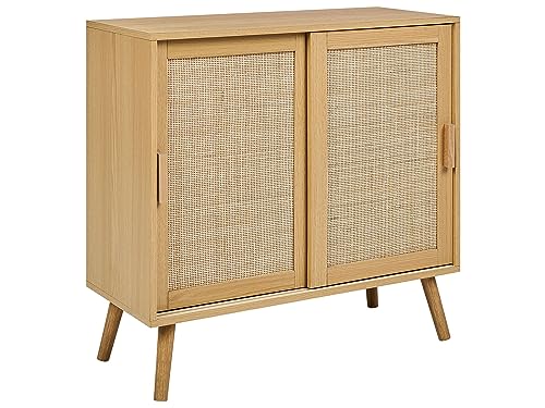 Beliani Sideboard Spanholz Brett Rattan Geflecht 2 Tür mit Regalen Schlafzimmer Aufbewahrungslösung helles Holz Hodgen von Beliani