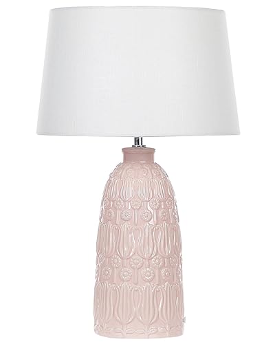 Tischlampe mit Keramikfuß in Rosa 56 cm Blumenmotiv Lampenschirm weiß Zarima von Beliani