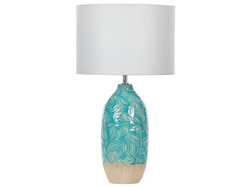 Tischlampe mit Keramikfuß Blau Türkis 58 cm Blättermotiv Lampenschirm weiß Ataba von Beliani