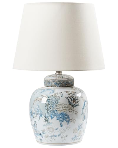 Beliani Tischlampe mit gemustertem Porzellansockel Trommelförmiger Leinenschirm Weiß und Blau Jamapa von Beliani