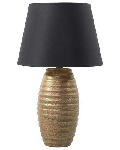 Trendy Tischlampe runder Stoff Lampenschirm Porzellan gold / schwarz Erbo von Beliani