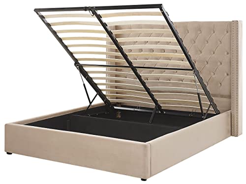 Bequemes Bett Samtstoff hohes Kopfteil in Beige 160 x 200 cm Bettkasten Lubbon Bequemes Bett Samtstoff hohes Kopfteil in Beige 160 x 200 cm Bettkasten Lubbon von Beliani