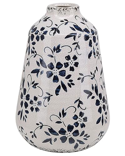 Blumenvase aus Steinzeug weiß 20 cm mit blauem Blumenmotiv wasserdicht Maroneia von Beliani