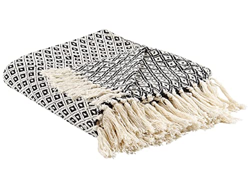 Beliani Decke Baumwolle schwarz/Hellbeige 125x150 cm mit Fransen Wohndecke Chyama von Beliani