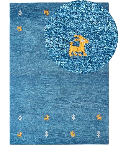Gabbeh Teppich Wolle Blau Western Tiermotiv Handgetuftet 160 x 230 cm Calti von Beliani