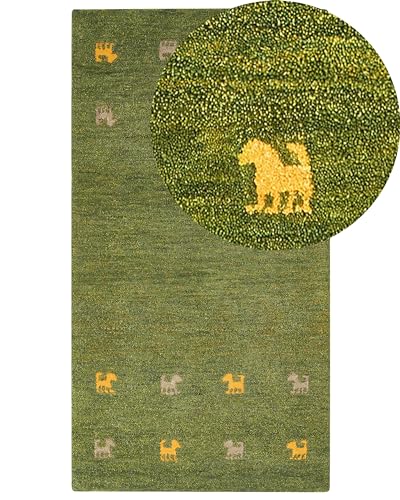 Gabbeh Teppich grün aus Wolle 80 x 150 cm Hochflor Westernmotiv Tiermuster weich Yulafi von Beliani